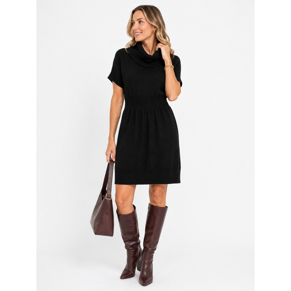 Black Wool Blend Cowl Neck Sweater Dress M Short Sleeveβ Minimalist Classic Chic